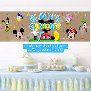 May include: A rectangular party banner featuring the text Olivia's Clubhouse in blue and green letters. The design includes cartoon character faces of Mickey, Minnie, Donald, Daisy, Goofy, and Pluto against a brown background with colorful dots.