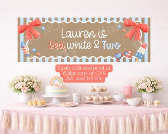 Printable Red White and Two Birthday Banner, 4th of July Birthday Banner, Patriotic Kids Birthday Decor, Digital Download Party Banner
