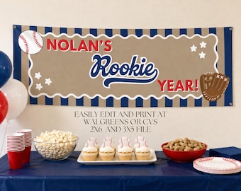 Druckbare Baseball Rookie Jahr Geburtstag Banner Vorlage | Editierbare Canva Party Decor 3x3 & 2x6 (Digitaler Download)