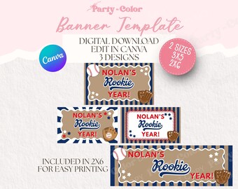 Baseball Rookie Jahr Geburtstag Banner Vorlage | Editierbare Canva Party Decor 3x3 & 2x6 (Digitaler Download)