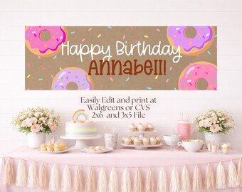 Druckbare Donut Geburtstag Banner Vorlage | Bearbeitbares Canva Banner | Sweet One, Halber Geburtstag, Two Sweet | 3x5 und 2x6 Banner Digitaler Download