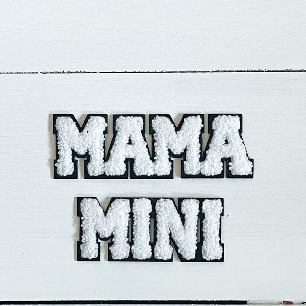Mama + Mini White and Black Chenille Iron On Patches | hat patches | shirt patches | mommy and me
