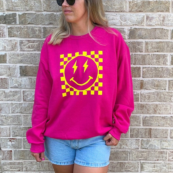 Bright Pink and Neon Yellow Checkered Happy Face Crewneck Sweatshirt | lightning bolt | winking