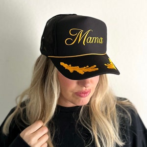 Mama Black Trucker Hat: Gold Leaf Initial, Personalized Mom Hat