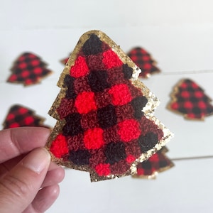 3.2" Red + Black Buffalo Plaid Chenille Iron on Christmas Tree with gold glitter trim