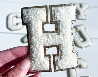3.12" Cream + Gold Glitter Chenille Iron On Letter Patches