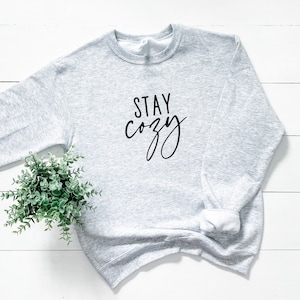 May include: A gray sweatshirt with the text "STAY cozy" in black lettering.