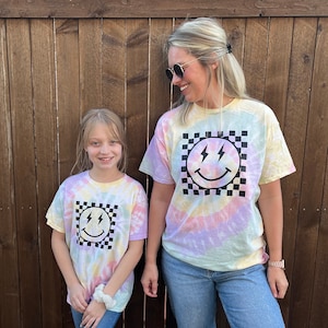 Rainbow Tie Dye Mommy & Me Tees: Checkered Smiley Face Matching Set