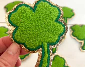 3.12" Four Leaf Clover Chenille Iron On Patch with Gold Glitter | St. Patrick's Day | lucky