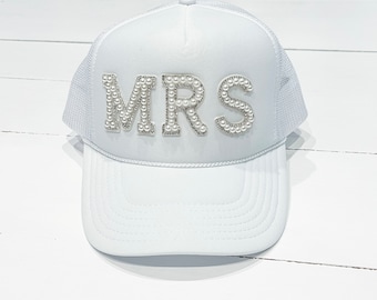 Pearl + Rhinestone MRS White Foam Trucker Hat | bride hat | wedding | marriage | wedding gift for her | adjustable hat | woman's hat