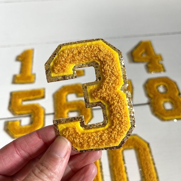 3.12" Golden Yellow + Gold Glitter Chenille Iron On Number Patches | Mardi Gras colors | fuzzy patches | 8cm