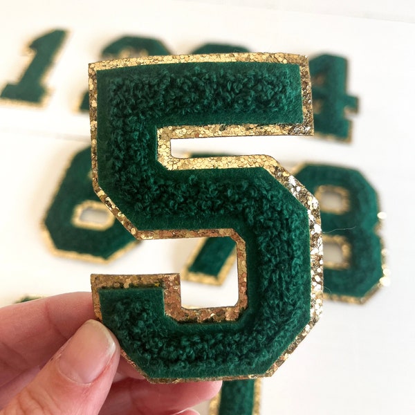 3.12" Dark Green + Gold Glitter Chenille Iron On Number Patches | Mardi Gras patches | fuzzy patches
