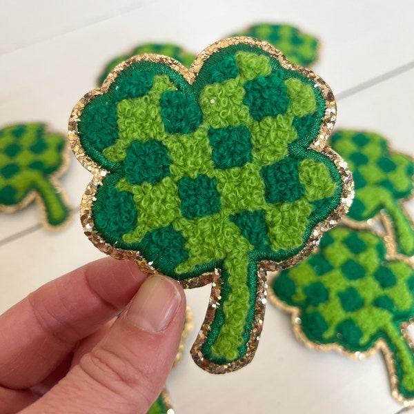 3.12" Light + Dark Green Checkered Four Leaf Clover Iron On Chenille Patch with gold glitter | St Patrick's Day | cute patches