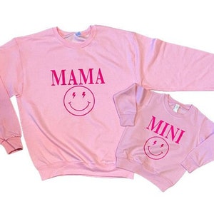 Mama + Mini Matching Pink Sweatshirts: Lightning Bolt Smiley Face