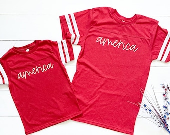 Red Cursive America Tee | matching set | matching family | mommy and me | daddy and son | 4th of July | USA | America shirt | adult | youth