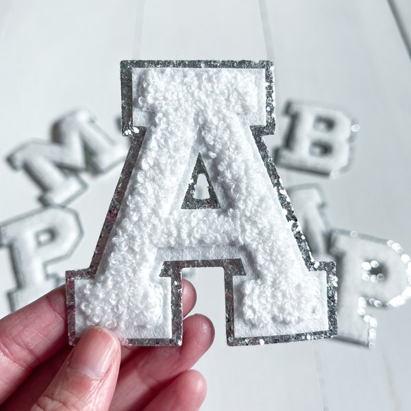 White + Silver Glitter 3.12" Chenille Iron On Letter Patch | fuzzy patches | sports names | 8cm patches | Christmas letters | DIY | varsity