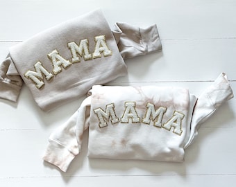 Mama Crewneck Sweatshirt: Sewn Chenille Letter Patch, Fleece Pullover