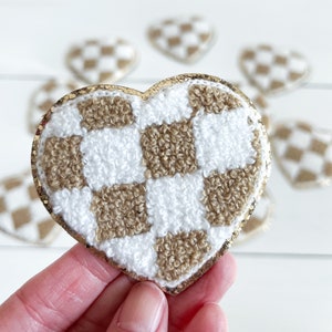 Light Brown + White Checkered Chenille Heart Iron On Patch (6cm) with gold glitter trim | Valentine's Day | love | cute patch | tan + white