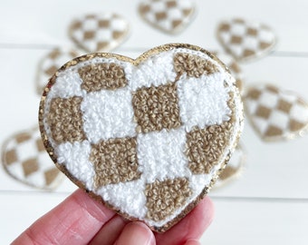 Light Brown + White Checkered Chenille Heart Iron On Patch (6cm) with gold glitter trim | Valentine's Day | love | cute patch | tan + white