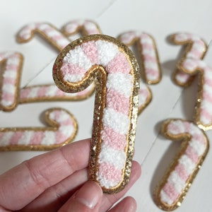Pink + White Stripe Chenille Candy Cane Patch with Gold Glitter Outline (8cm) | Christmas patches | cute patches | holidays | festive