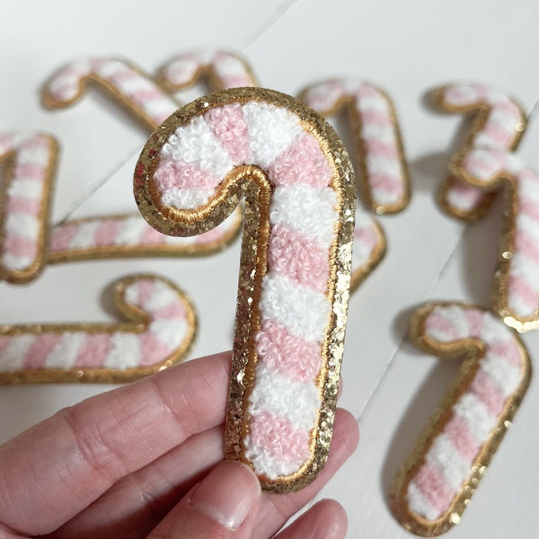 Pink + White Stripe Chenille Candy Cane Patch with Gold Glitter Outline (8cm) | Christmas patches | cute patches | holidays | festive