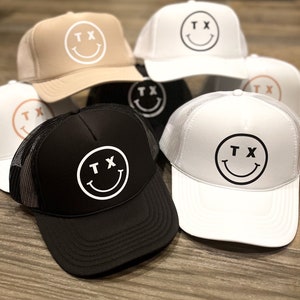 Adult State Happy Face Foam Trucker Hats | hometown | homebody | home state | gifts for her | women | state abbreviation | pink | tan hat