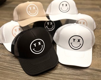 Adult State Happy Face Foam Trucker Hats | hometown | homebody | home state | gifts for her | women | state abbreviation | pink | tan hat