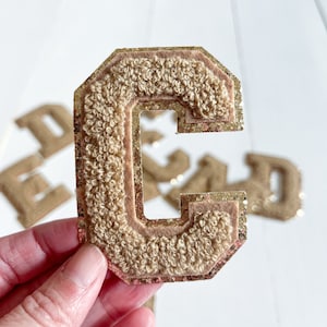 Light Brown + Gold Glitter 3.12" Iron On Chenille Letter Patches | tan letter patches | fuzzy letters | DIY | shirt decorations | varsity