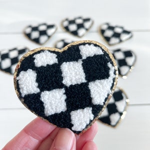 Black + White Checkered Chenille Heart Iron On Patch (6cm) with gold glitter trim | Valentine's Day | love | xoxo