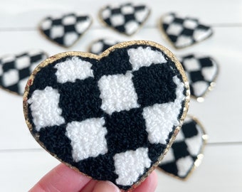 Black + White Checkered Chenille Heart Iron On Patch (6cm) with gold glitter trim | Valentine's Day | love | xoxo