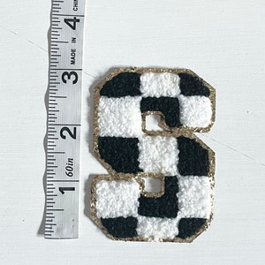 3.12 Retro Font Black White Checkered Chenille Iron On Letter Patches with gold glitter trim image 5