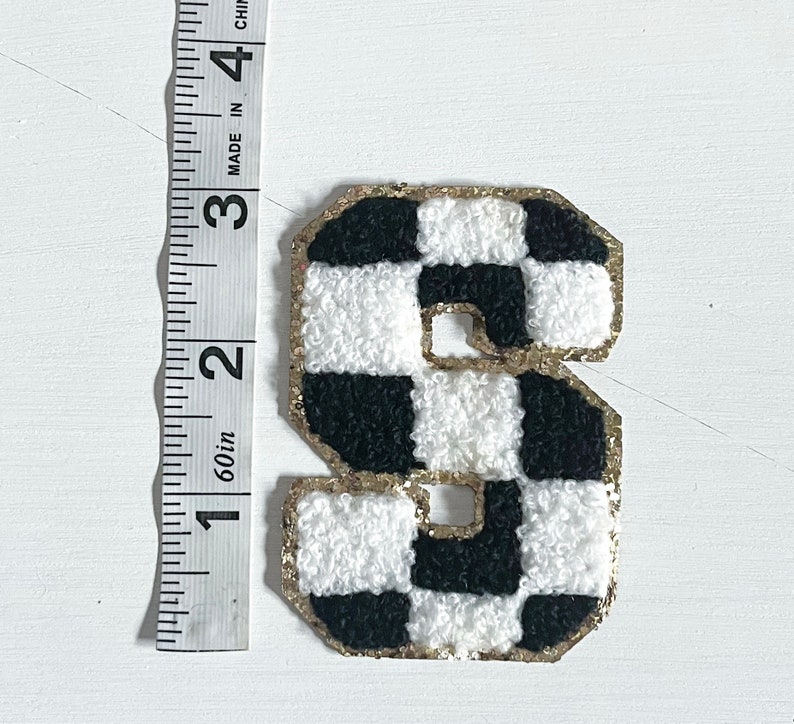 3.12 Retro Font Black White Checkered Chenille Iron On Letter Patches with gold glitter trim image 5