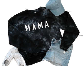 Black Tie Dye Mama Sweatshirt: Soft Cotton Blend, Long Sleeve