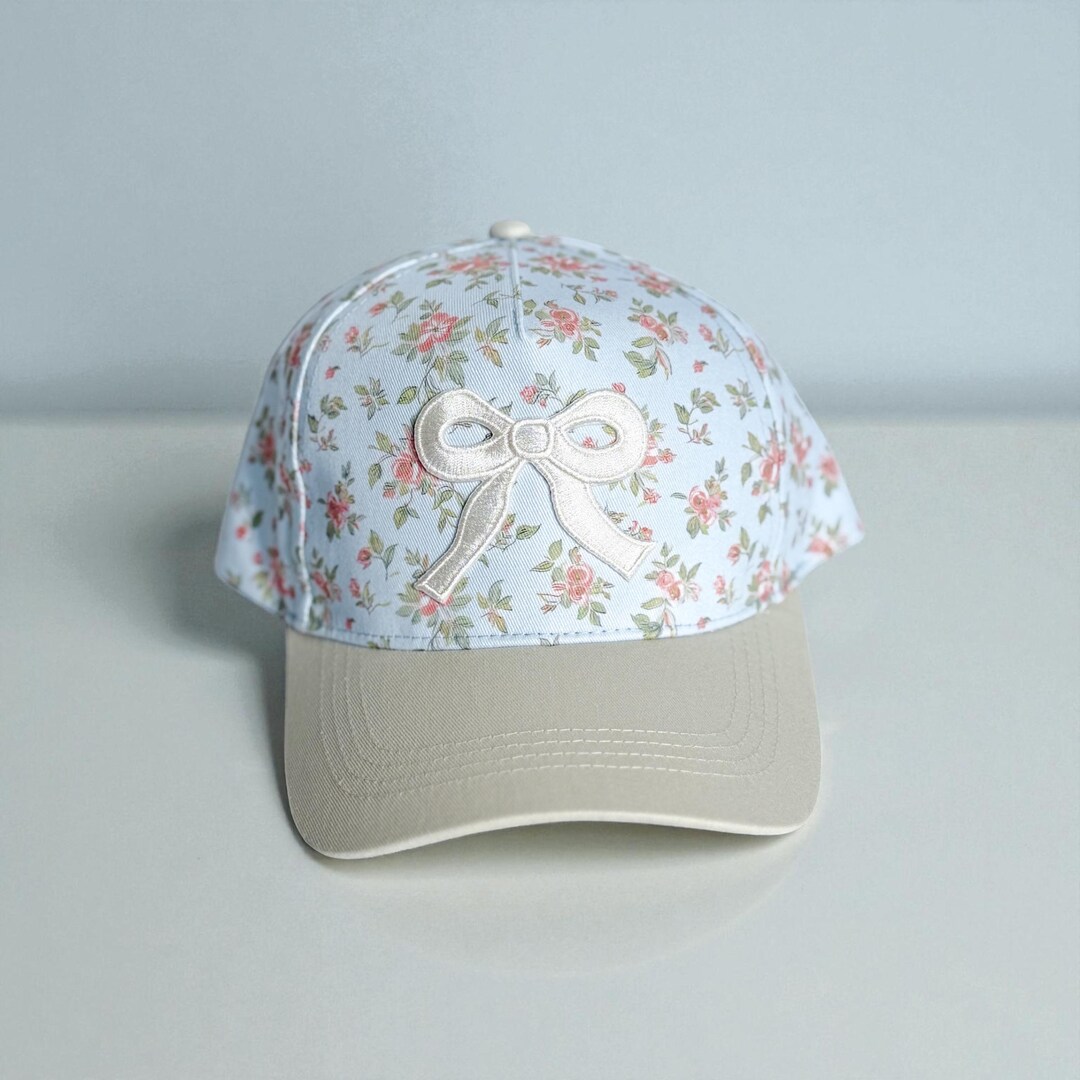 Adult Pink + Blue Floral Embroidered Bow Two Tone Trucker 