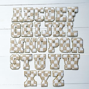 OLDER STYLE** Retro Font Style Tan + White (3.12") Checkered Iron On Chenille Letter Patches with gold glitter trim | 8cm letters