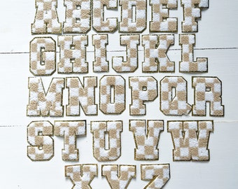 OLDER STYLE** Retro Font Style Tan + White (3.12") Checkered Iron On Chenille Letter Patches with gold glitter trim | 8cm letters