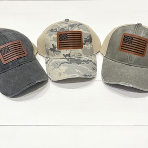Adult Distressed American Flag Leatherette Patch Snap Back Trucker Hat | adjustable | men&#39;s hats | patriotic | USA | military | camo