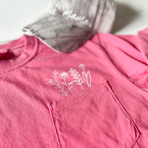 Bright Pink Wildflower Pocket Tee | spring flowers | pocket flower tshirt | crewneck | unisex | cute womens shirt | hot pink