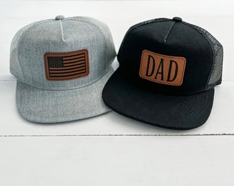 Teen / Adult (10+)  Leatherette Patch Flat Brim Trucker Hat | mens hats | dad | daddy | American Flag | patriotic | gifts for him