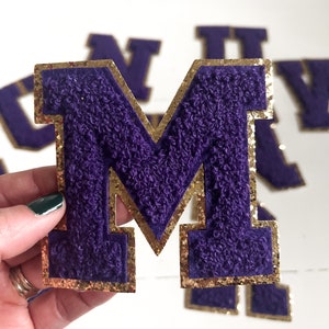 3.12" Purple + Gold Glitter Iron On Chenille Letter Patches (8cm) | varsity letter patches | fuzzy letters | sports teams | mardi gras