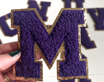3.12" Purple + Gold Glitter Iron On Chenille Letter Patches (8cm) | varsity letter patches | fuzzy letters | sports teams | mardi gras