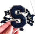 Navy Chenille Letter Patch with Silver Glitter: 3.12" Iron-On Varsity Style