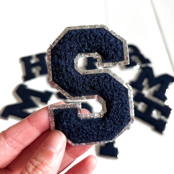 Midnight Navy + Silver Glitter 3.12" Iron On Chenille Letter Patch | sports teams | DIY | fuzzy letters | 8cm patches | varsity | football