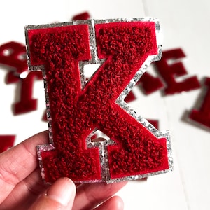 Crimson Red Chenille Letter Patch: Silver Glitter Varsity Iron-On (3.12&quot;)