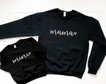 Mama and Mini Matching Black Sweatshirts: Cursive Mom Life Set