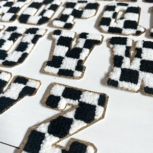 3.12 Retro Font Black White Checkered Chenille Iron On Letter Patches with gold glitter trim image 3