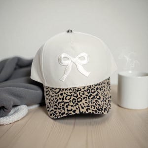 Adult Beige + Leopard Print Embroidered Bow Patch Hat