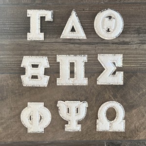 Parches termoadhesivos de chenilla con letras griegas con purpurina blanca y plateada de 3,12" / 8 cm / letras de hermandades / hermandades / letras universitarias