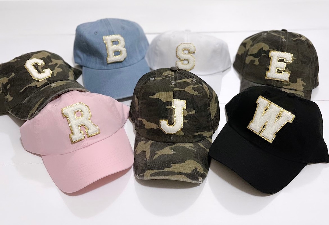 White Letter Patch Baseball Cap: Gold Glitter Initial Hat, Personalized ...