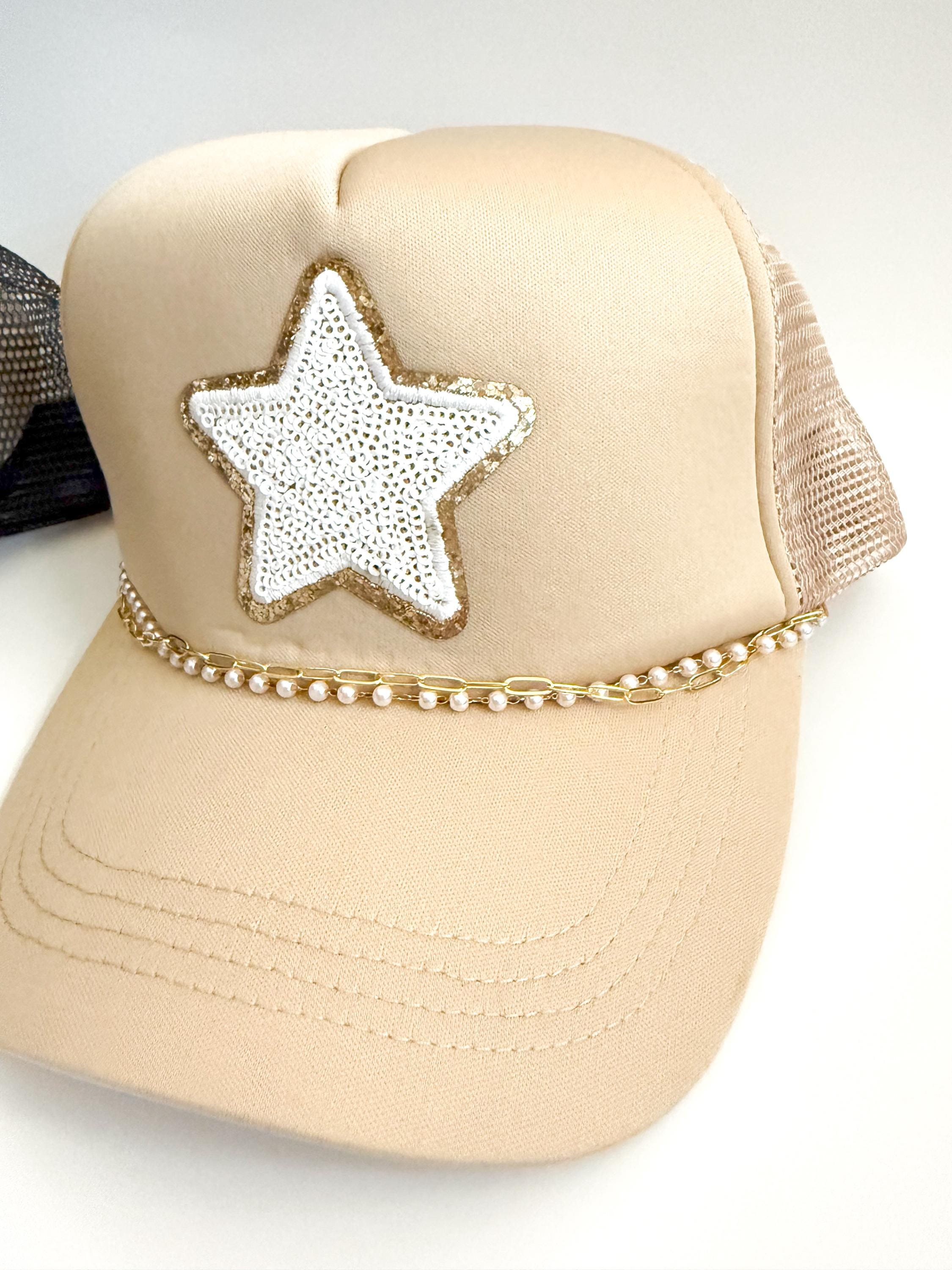 Pink Gold Star Sequin Bear Trucker Hat Cap with Gold Star Rhinestone Chain Adult Sequin Star Patch Trucker Hat With Gold and Pearl Hat  main image 2